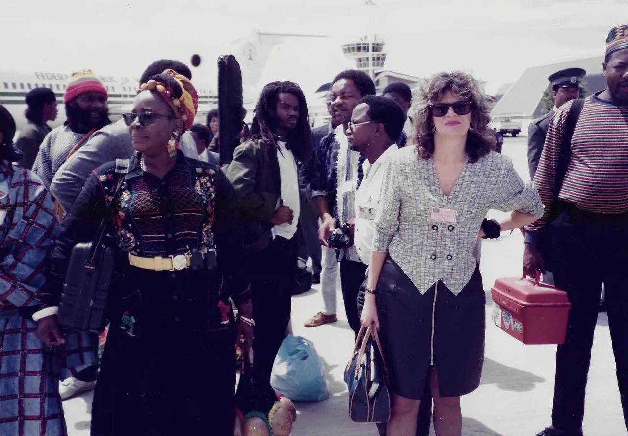 Touching down for the independence of Namibia, with Rita Marley and the band and an ambassador from the United Nations. 1990. Life Journey, Rastaman Passing By.