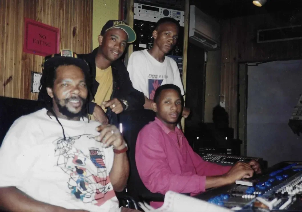 In Tuff Gong recording studio 1991, with engineer Shane Brown, Errol Brown son, and his assistant engineer. Presley, one of my great artists, we do a lot of great work together. He was one of my main studio artists.