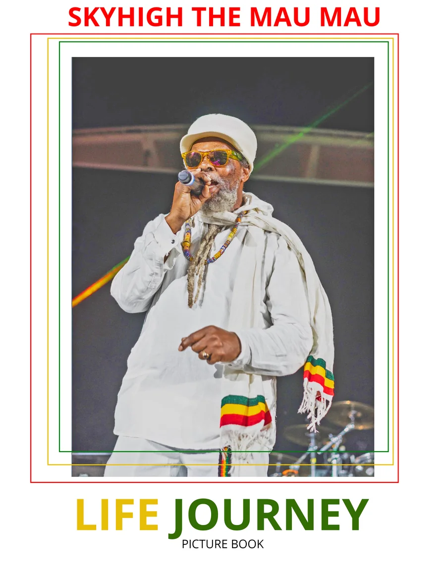 Life Journey Picture Book cover: SkyHigh The Mau Mau on stage in white with a red, gold and green scarf